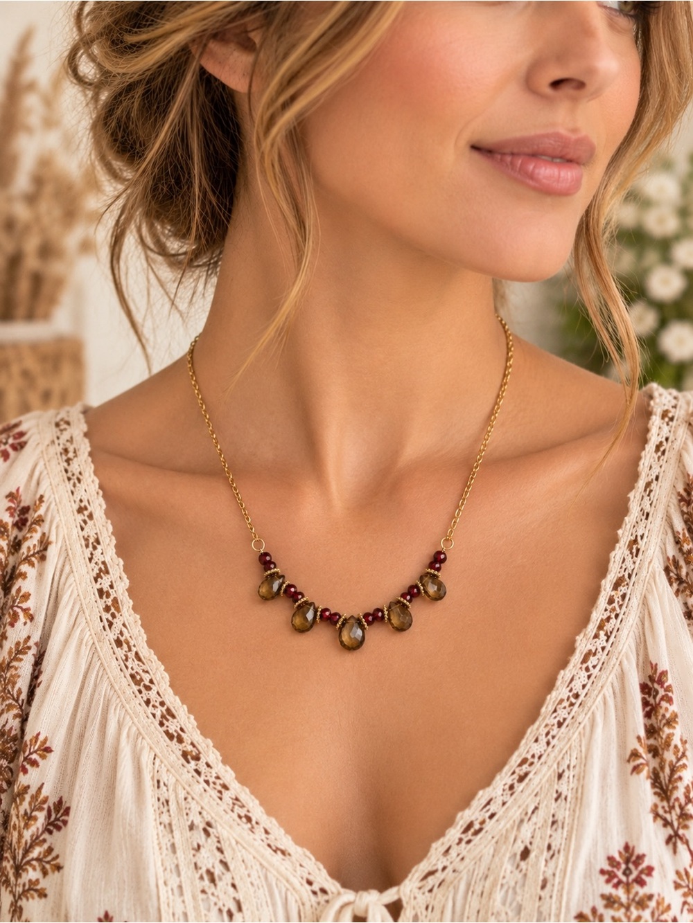 Smoky Quartz & Garnet Faceted Briolette Gold Necklace